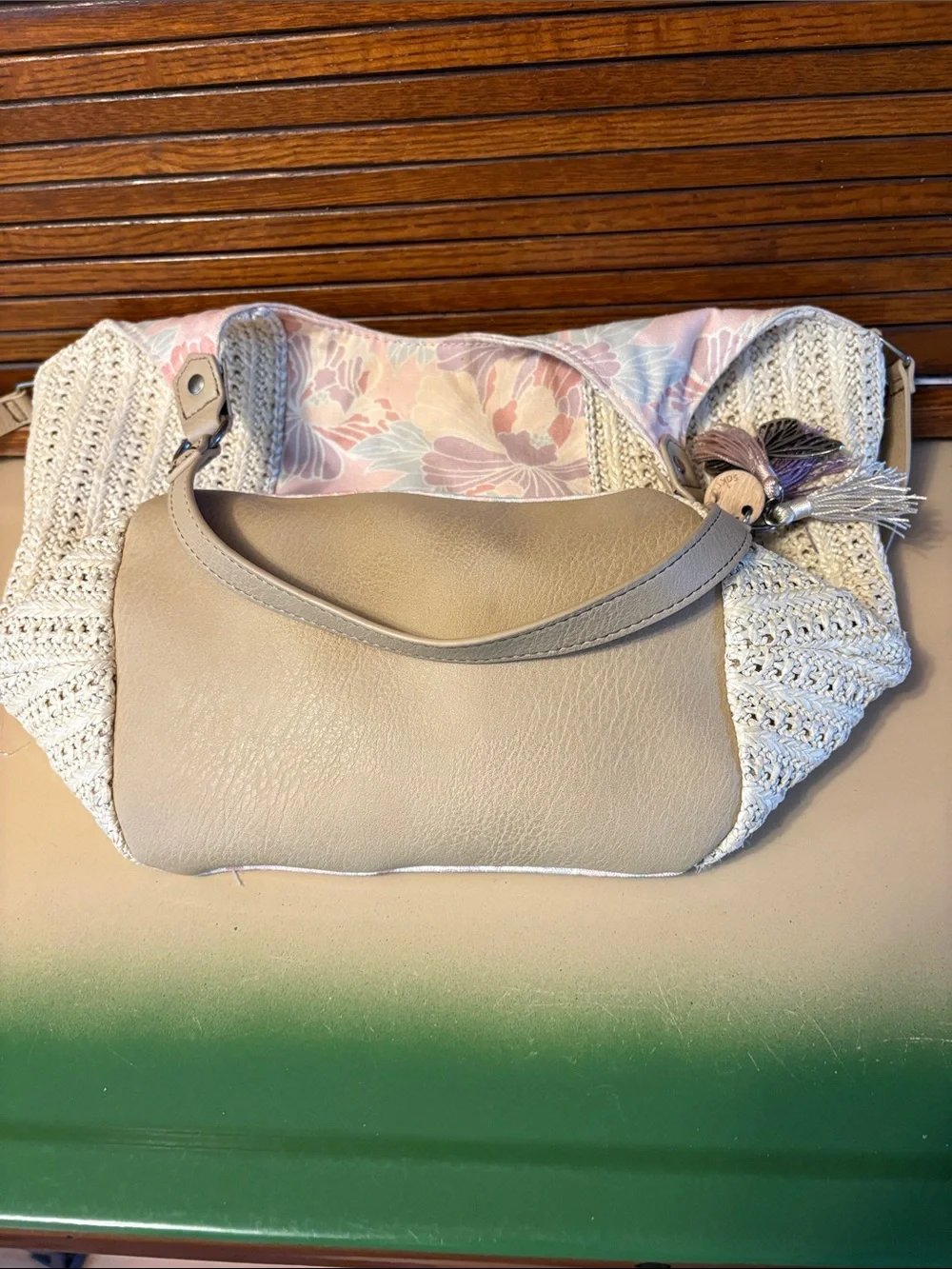 Sakroots Beige Crochet Shoulder Bag with Pastel Floral Panel
